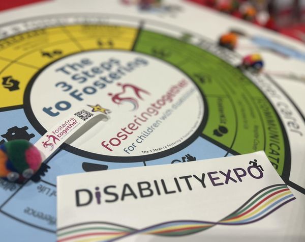 A closeup of some of the materials we made available on our stand, including a blurred short of our 3 steps to fostering model. A furry logobug sits on top, as well as a Disability Expo Event Program.