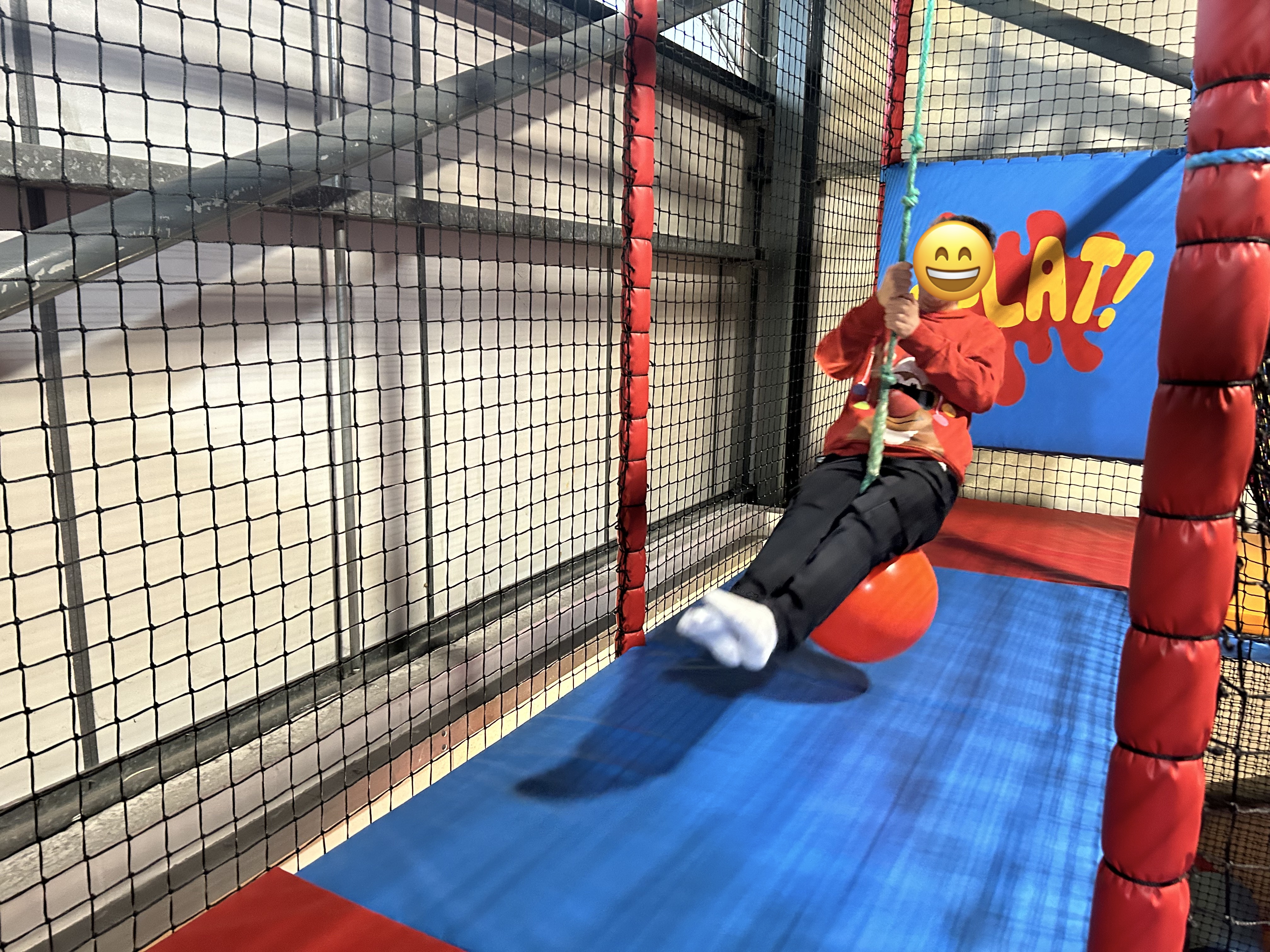 C rides the soft play zipline from the Splat zone!